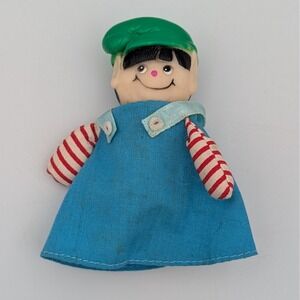 Vintage Boy Elf Finger Puppet Vinyl Head Blue Overalls Red White Striped 3 Inch